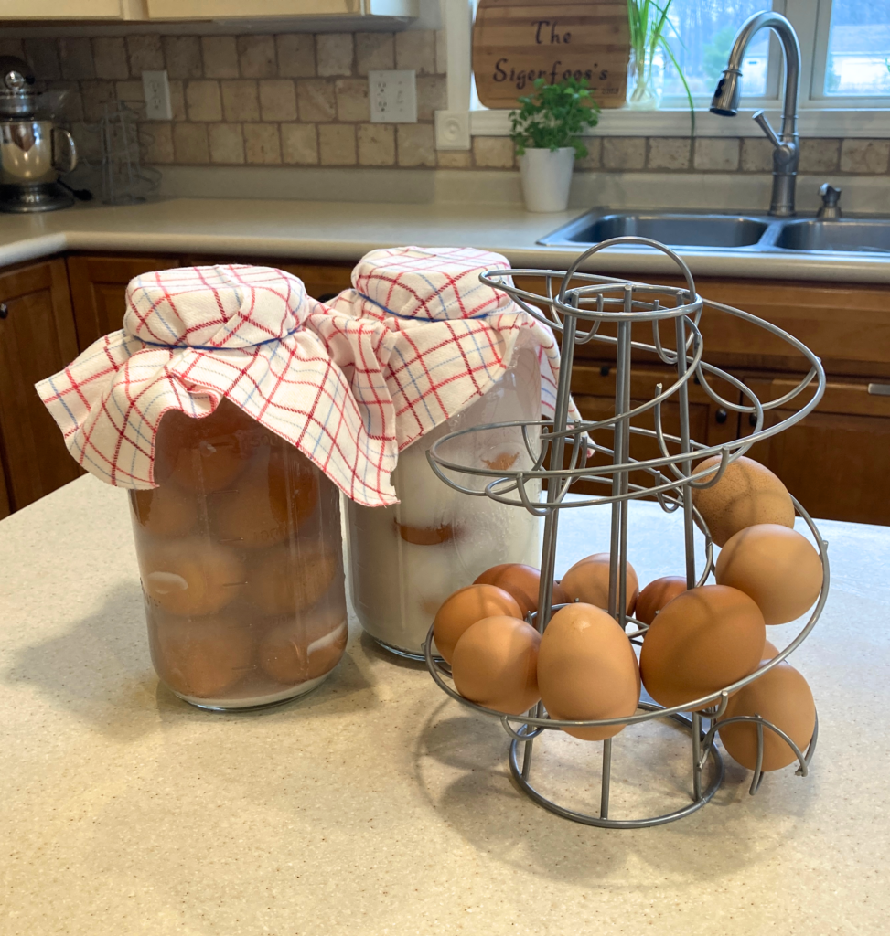 Two half gallon Ball jars of water glassed eggs and egg carousel