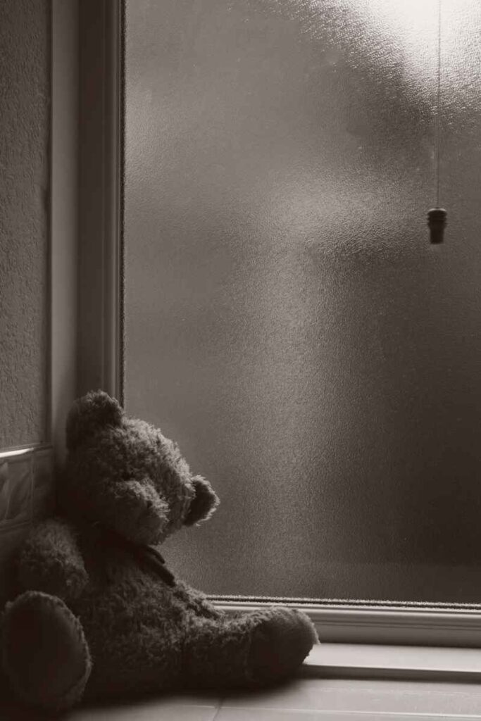 Teddy bear in corner next to window
